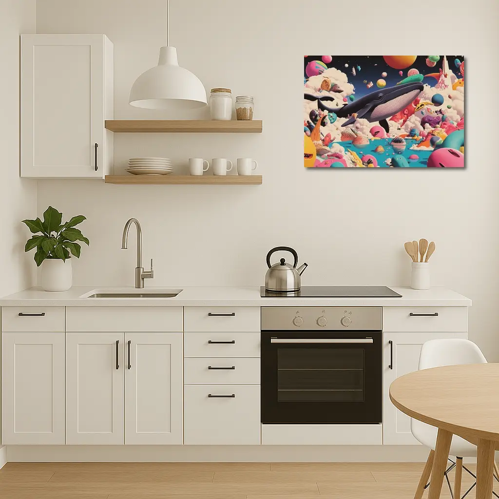 Blue Whale Flying Through Surreal Candy World – Wall Art