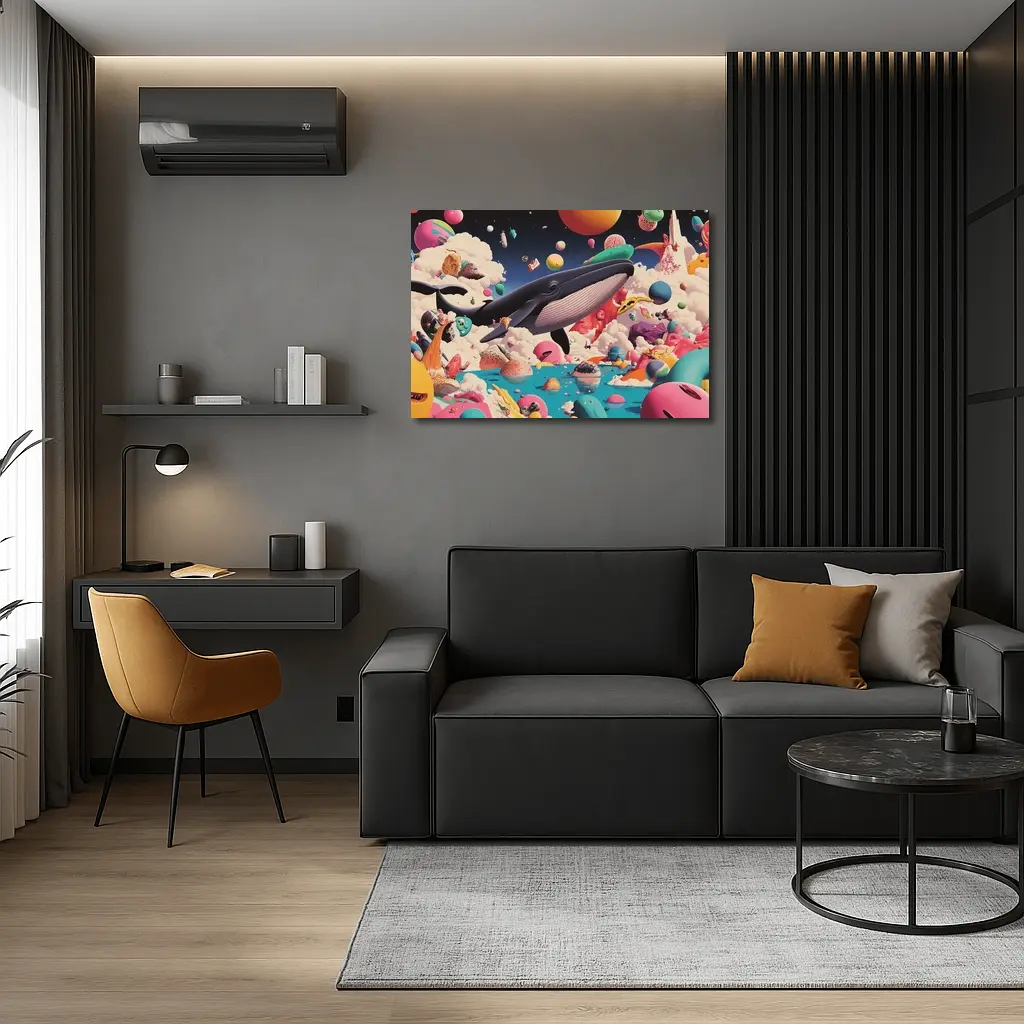 Blue Whale Flying Through Surreal Candy World – Wall Art