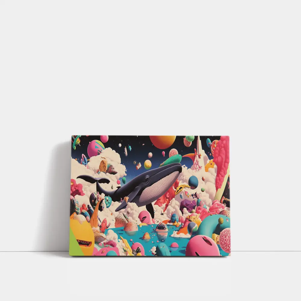 Blue Whale Flying Through Surreal Candy World – Wall Art