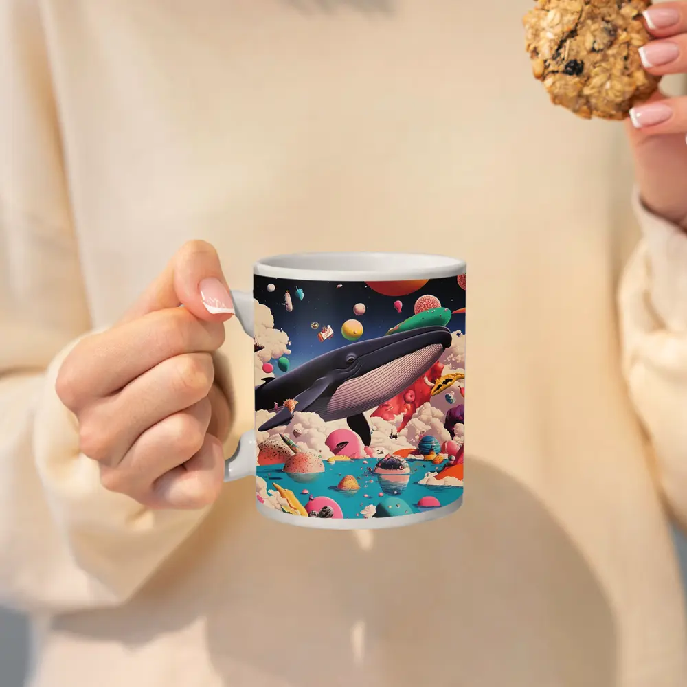 Blue Whale Flying Through Surreal Candy World – Mugs