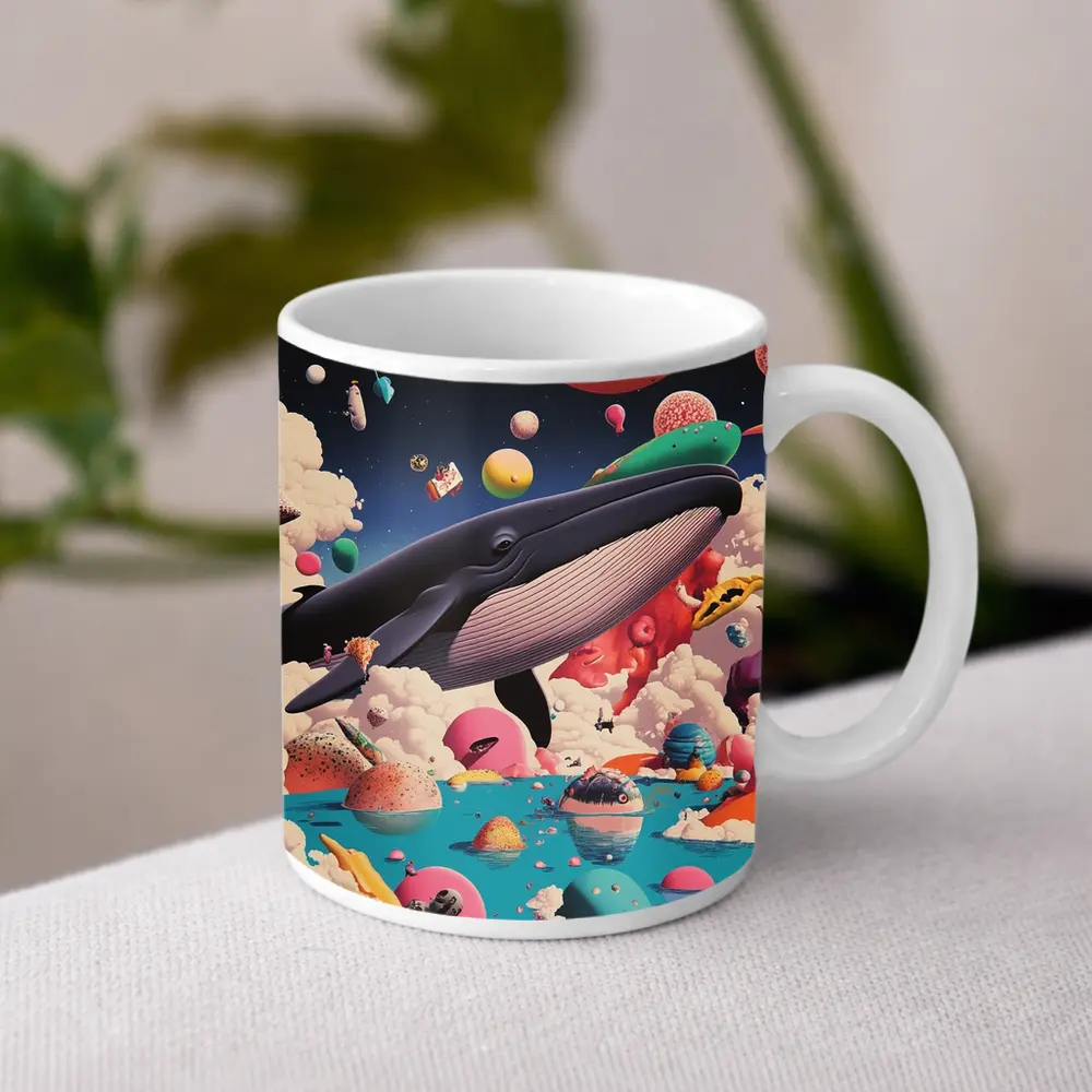 Blue Whale Flying Through Surreal Candy World – Mugs