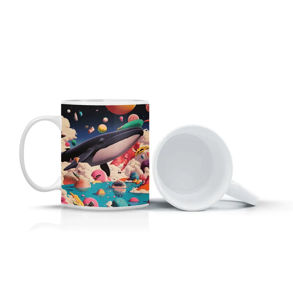 Blue Whale Flying Through Surreal Candy World – Mugs