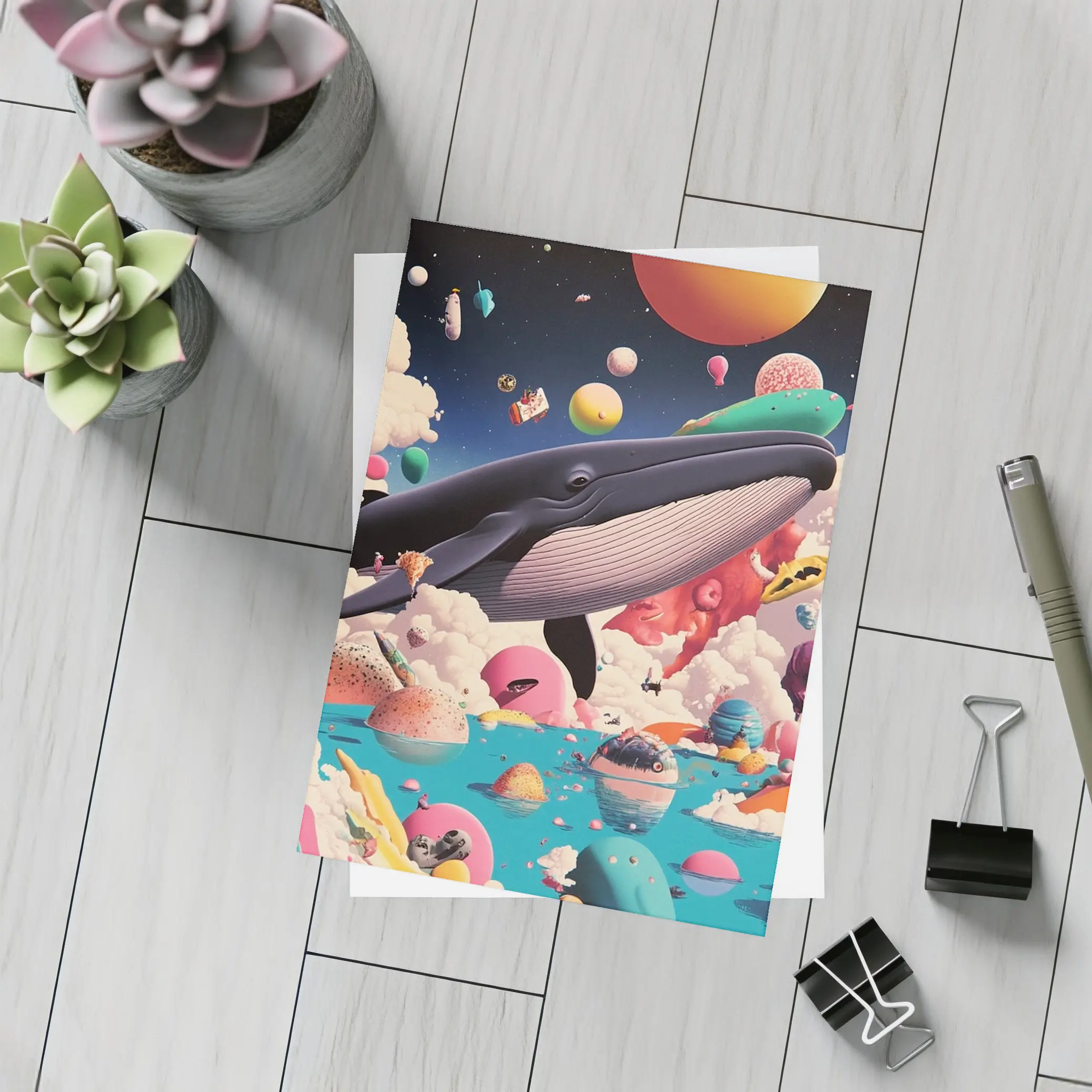 Blue Whale Flying Through Surreal Candy World – Postcards