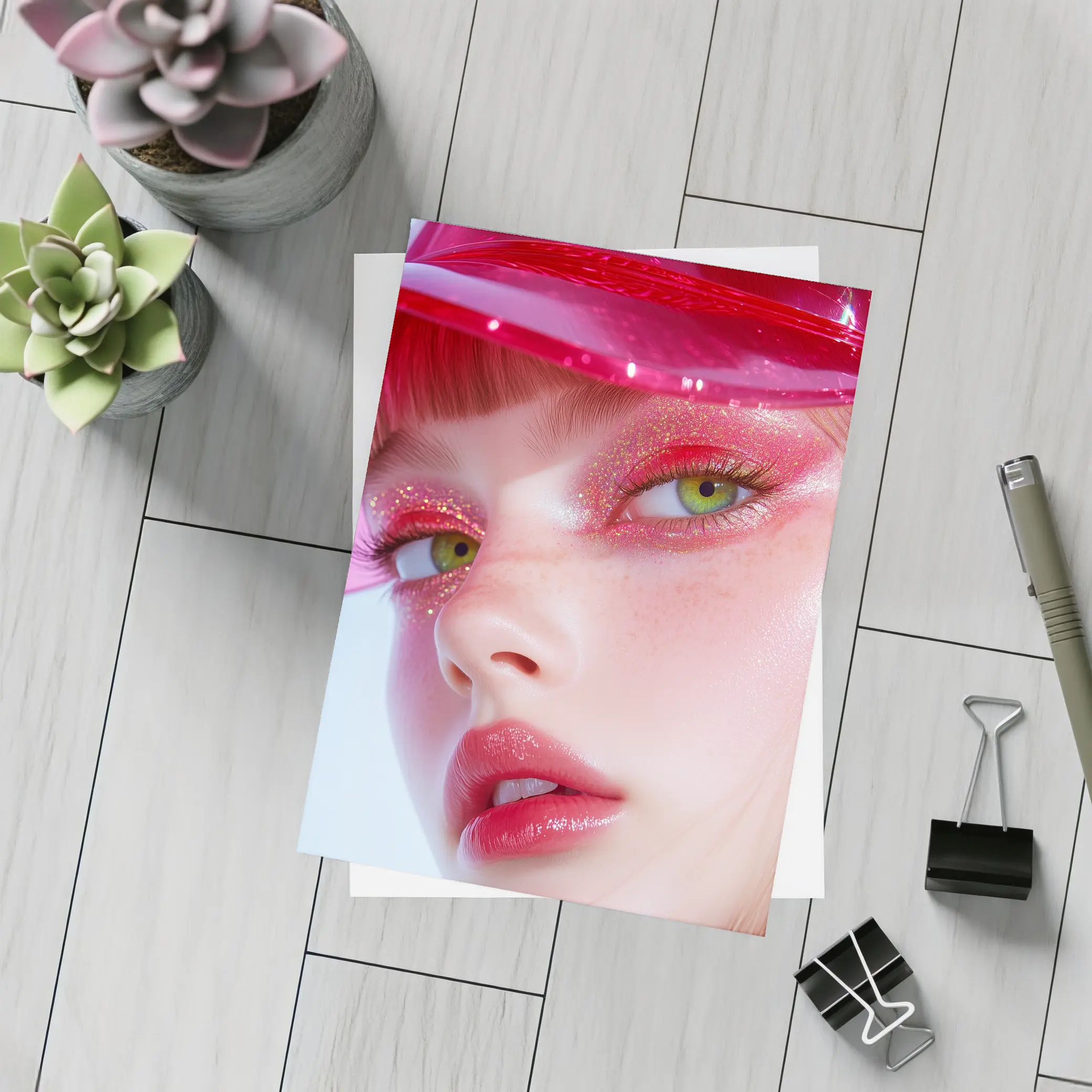 Pink Glitter Makeup Woman Glossy Cap – Postcards