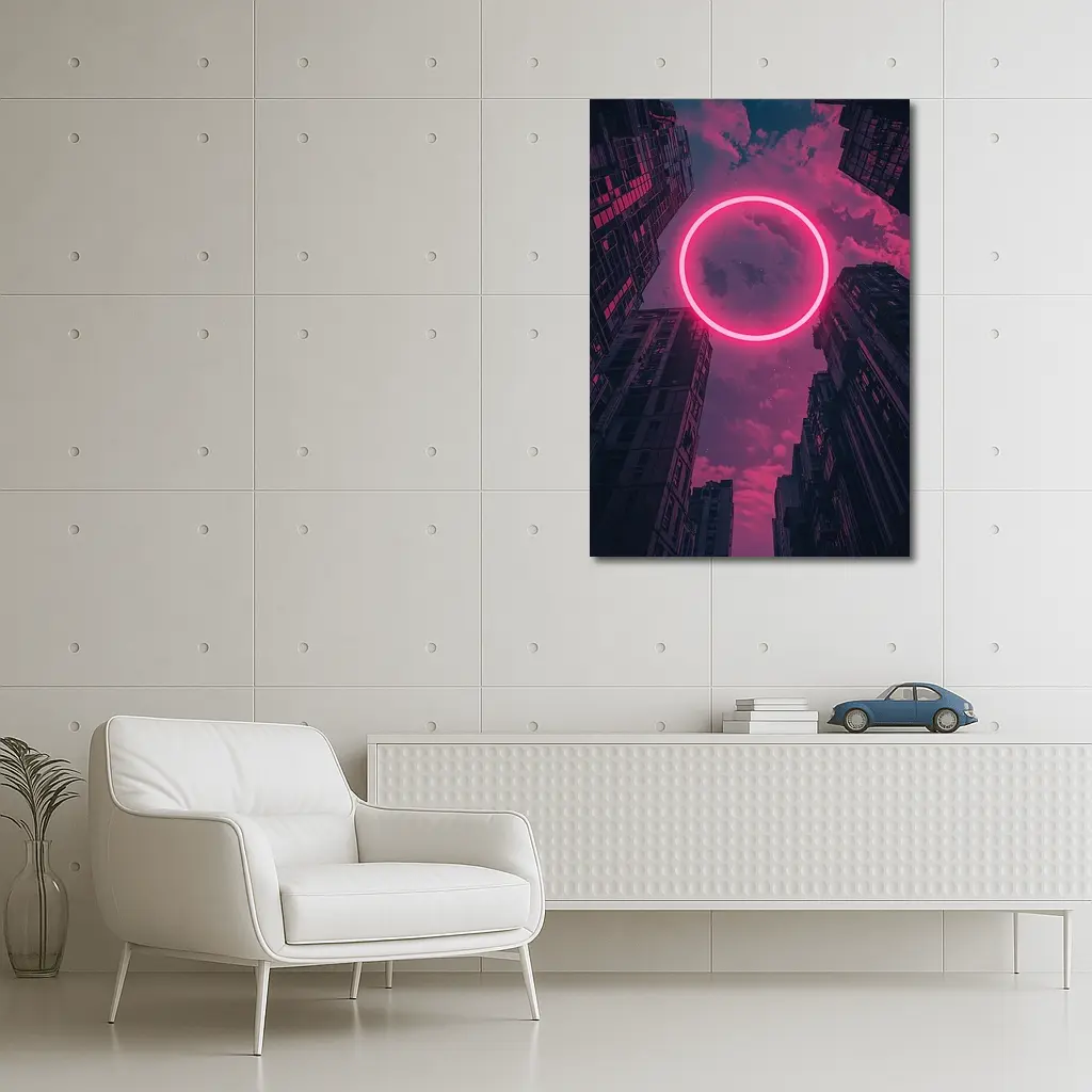 Neon Pink Circle City Buildings Night Sky – Wall Art
