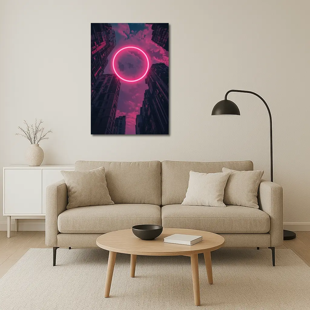 Neon Pink Circle City Buildings Night Sky – Wall Art