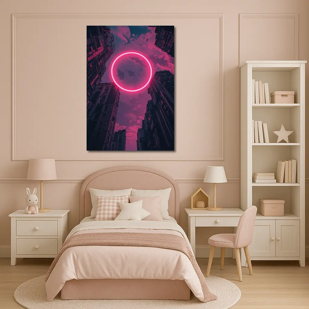 Neon Pink Circle City Buildings Night Sky – Wall Art