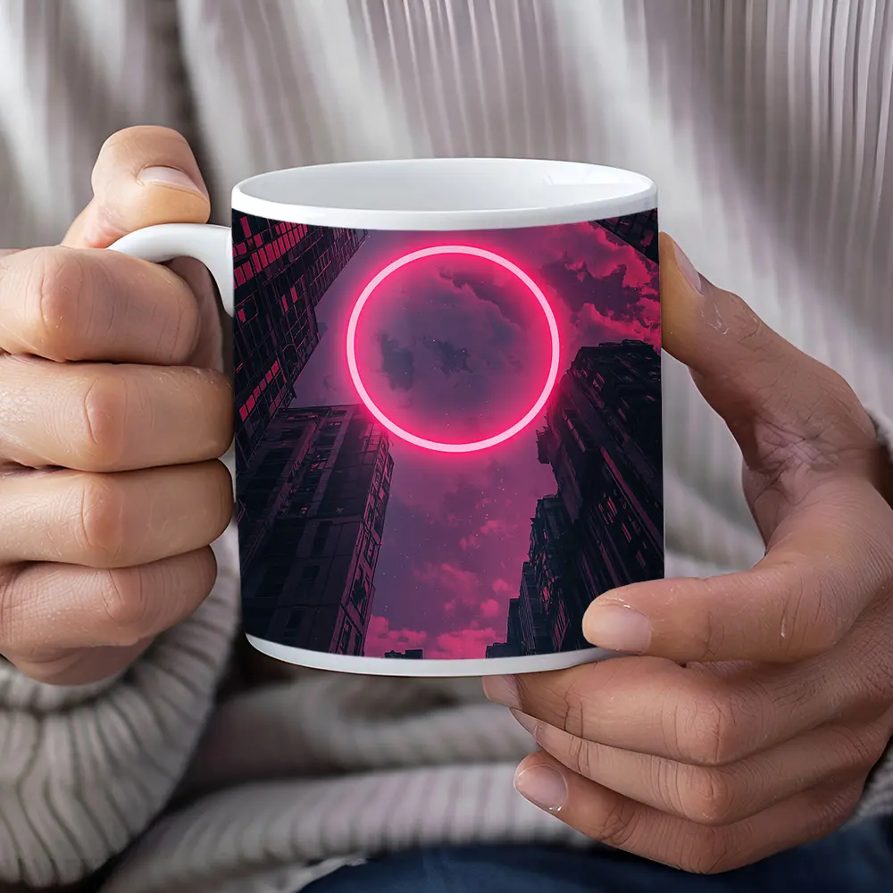 Neon Pink Circle City Buildings Night Sky – Mugs