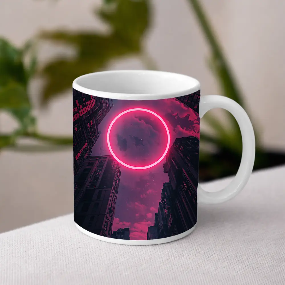 Neon Pink Circle City Buildings Night Sky – Mugs