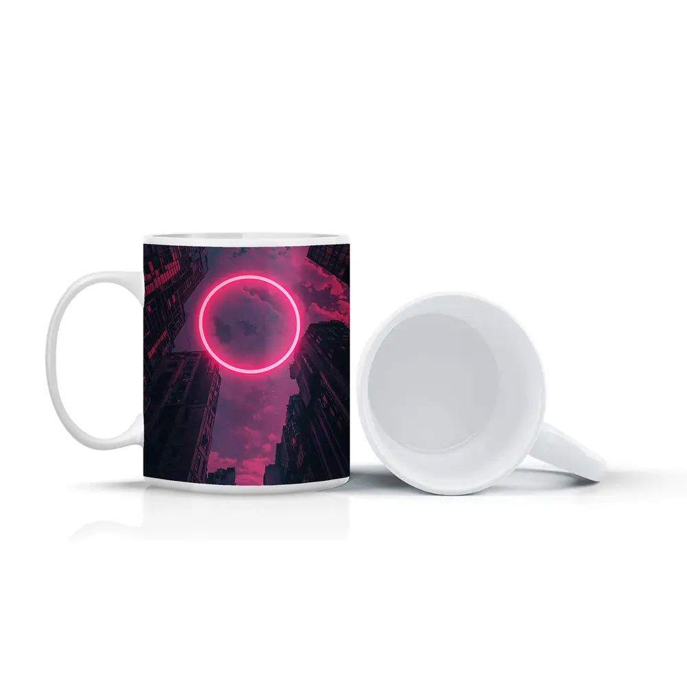 Neon Pink Circle City Buildings Night Sky – Mugs