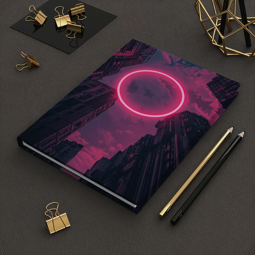 Neon Pink Circle City Buildings Night Sky – Notebooks