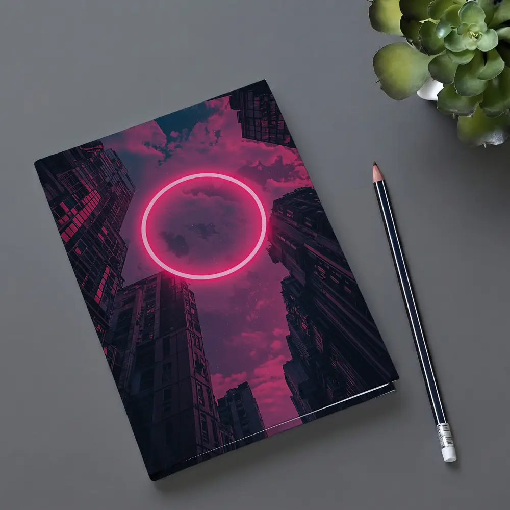 Neon Pink Circle City Buildings Night Sky – Notebooks