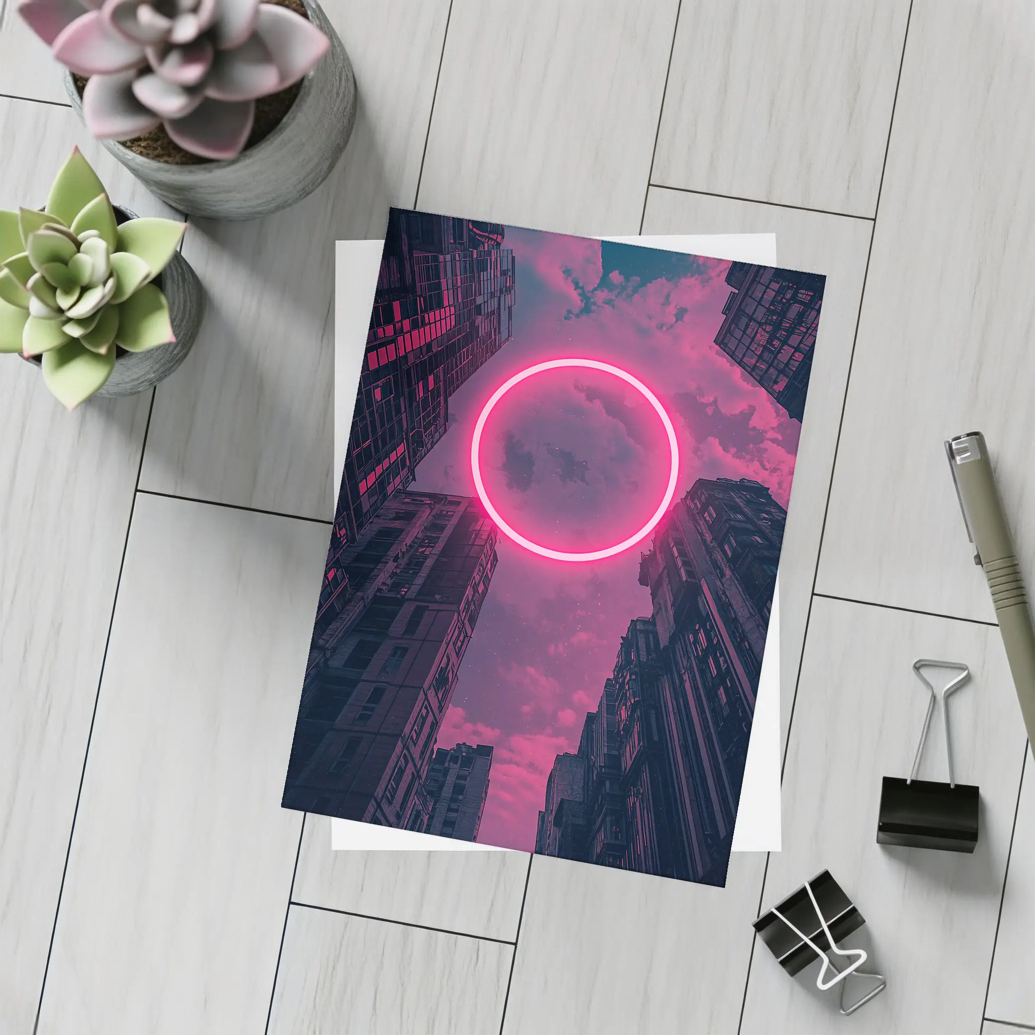 Neon Pink Circle City Buildings Night Sky – Postcards