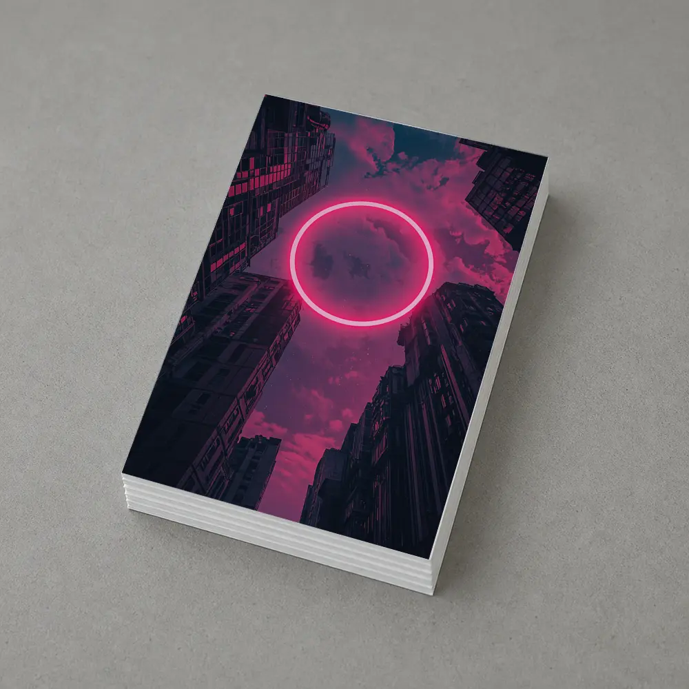 Neon Pink Circle City Buildings Night Sky – Postcards