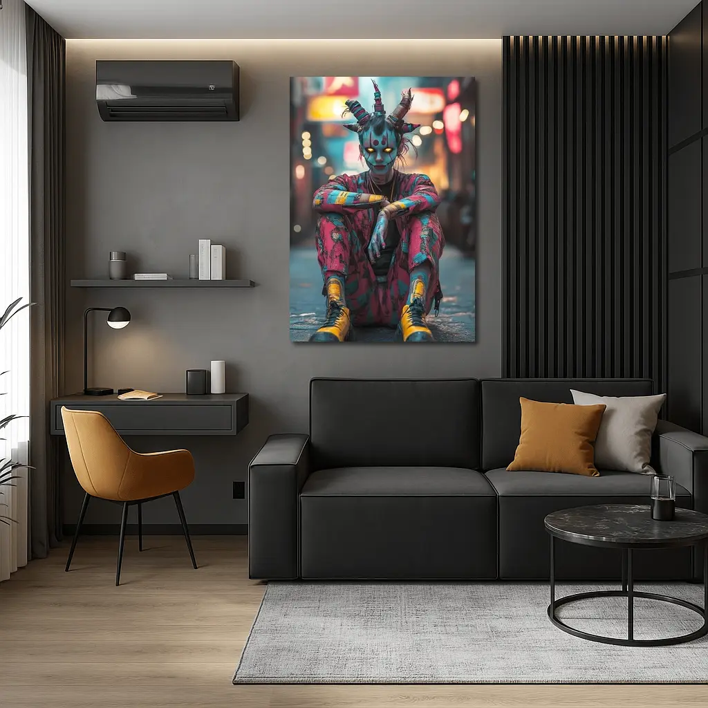 Cyberpunk Demon Figure Glowing Eyes City Street – Wall Art