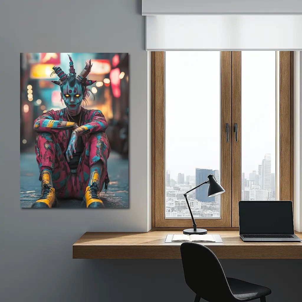 Cyberpunk Demon Figure Glowing Eyes City Street – Wall Art