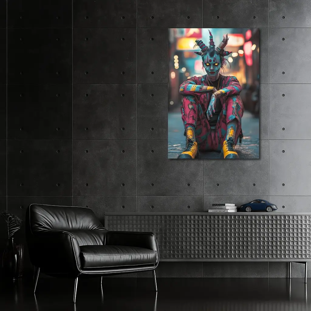 Cyberpunk Demon Figure Glowing Eyes City Street – Wall Art