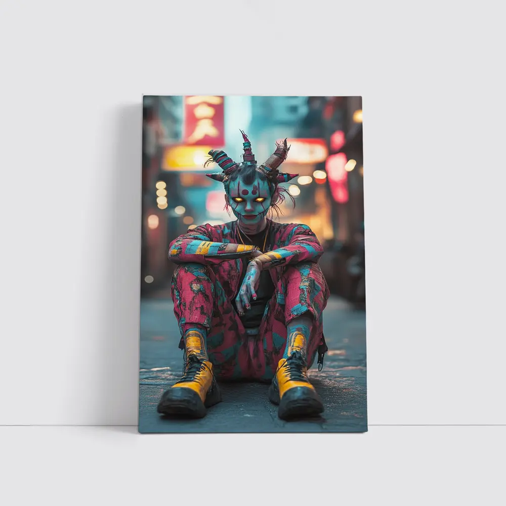 Cyberpunk Demon Figure Glowing Eyes City Street – Wall Art