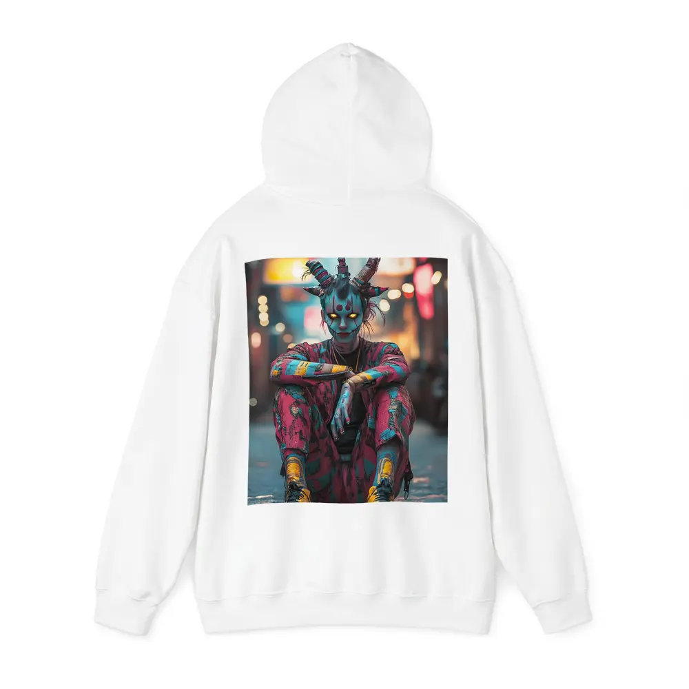 Cyberpunk Demon Figure Glowing Eyes City Street – Hoodies