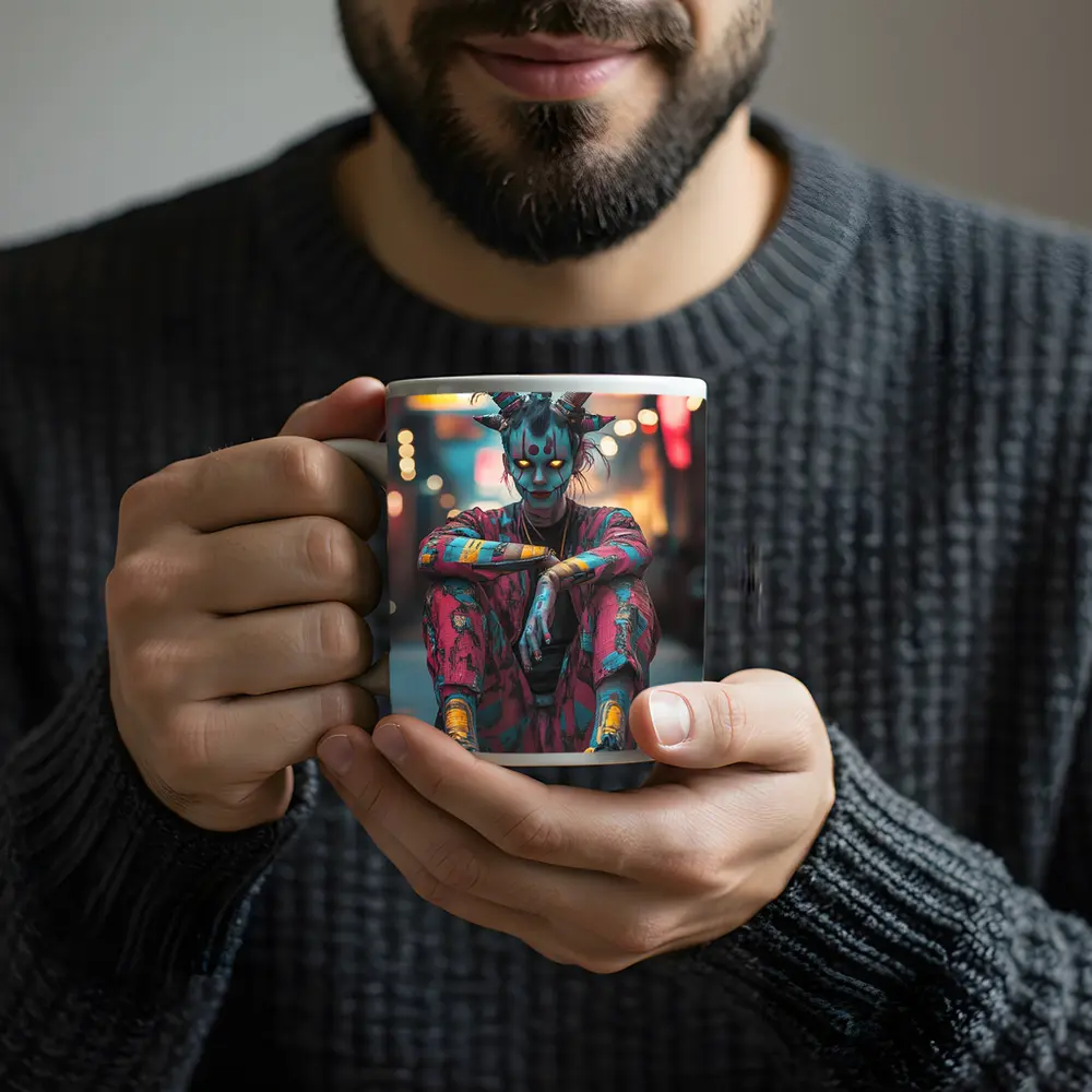 Cyberpunk Demon Figure Glowing Eyes City Street – Mugs