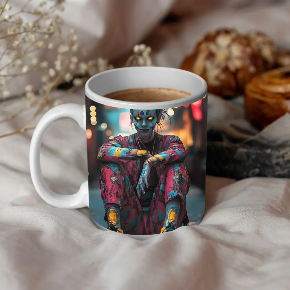 Cyberpunk Demon Figure Glowing Eyes City Street – Mugs