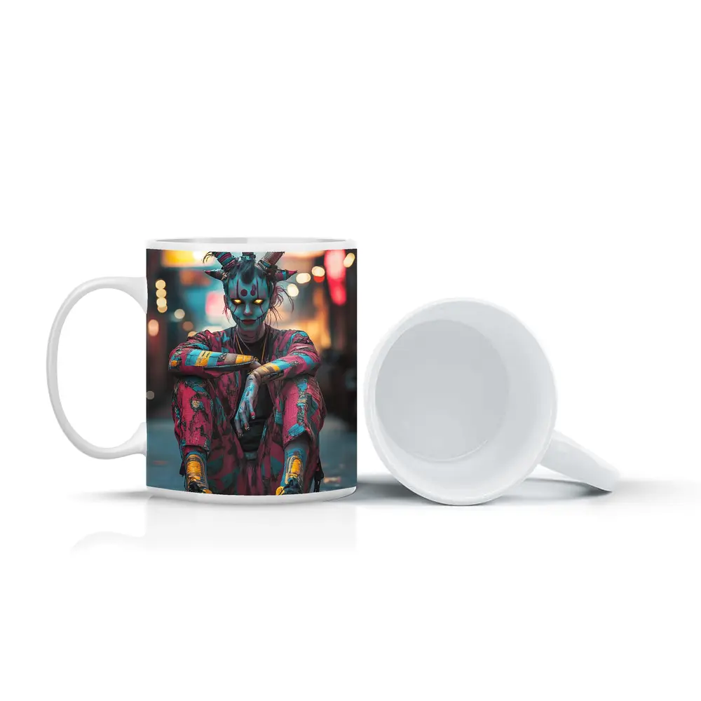 Cyberpunk Demon Figure Glowing Eyes City Street – Mugs