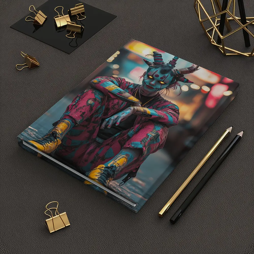Cyberpunk Demon Figure Glowing Eyes City Street – Notebooks