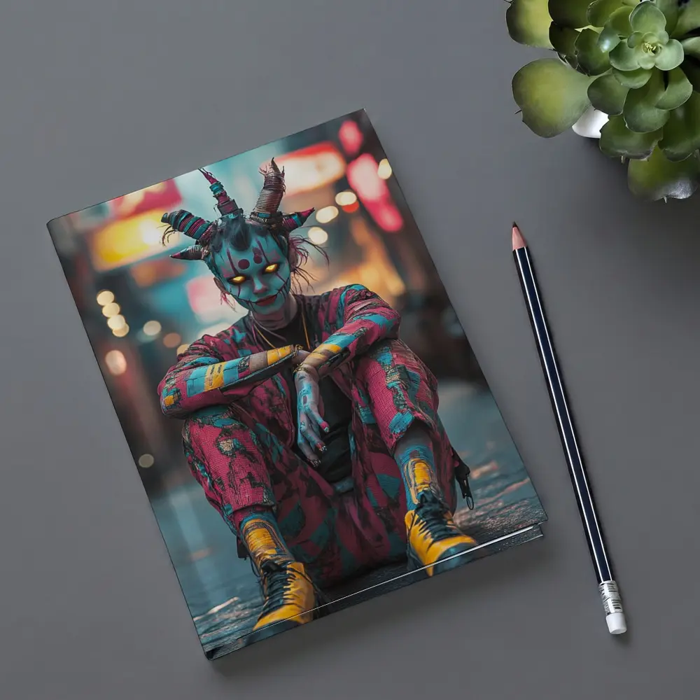 Cyberpunk Demon Figure Glowing Eyes City Street – Notebooks