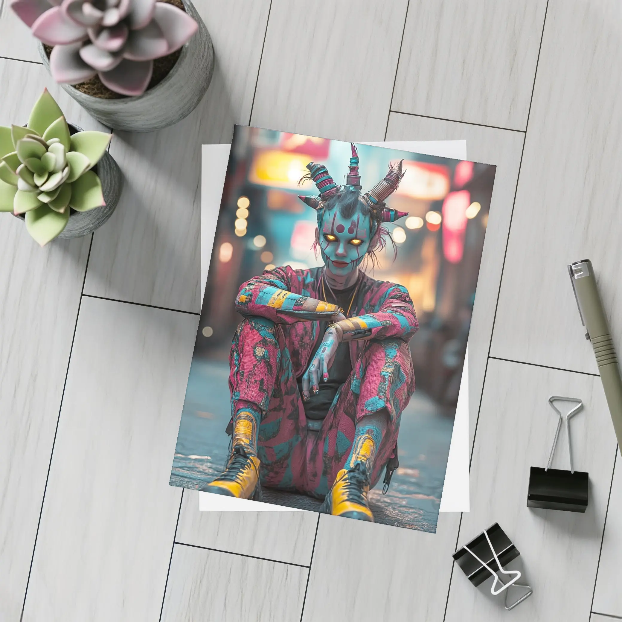 Cyberpunk Demon Figure Glowing Eyes City Street – Postcards