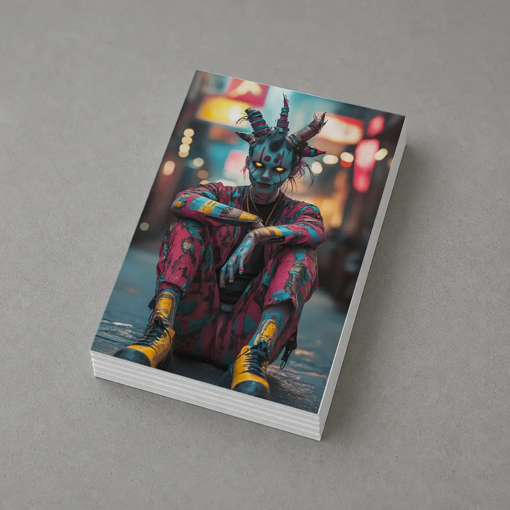 Cyberpunk Demon Figure Glowing Eyes City Street – Postcards