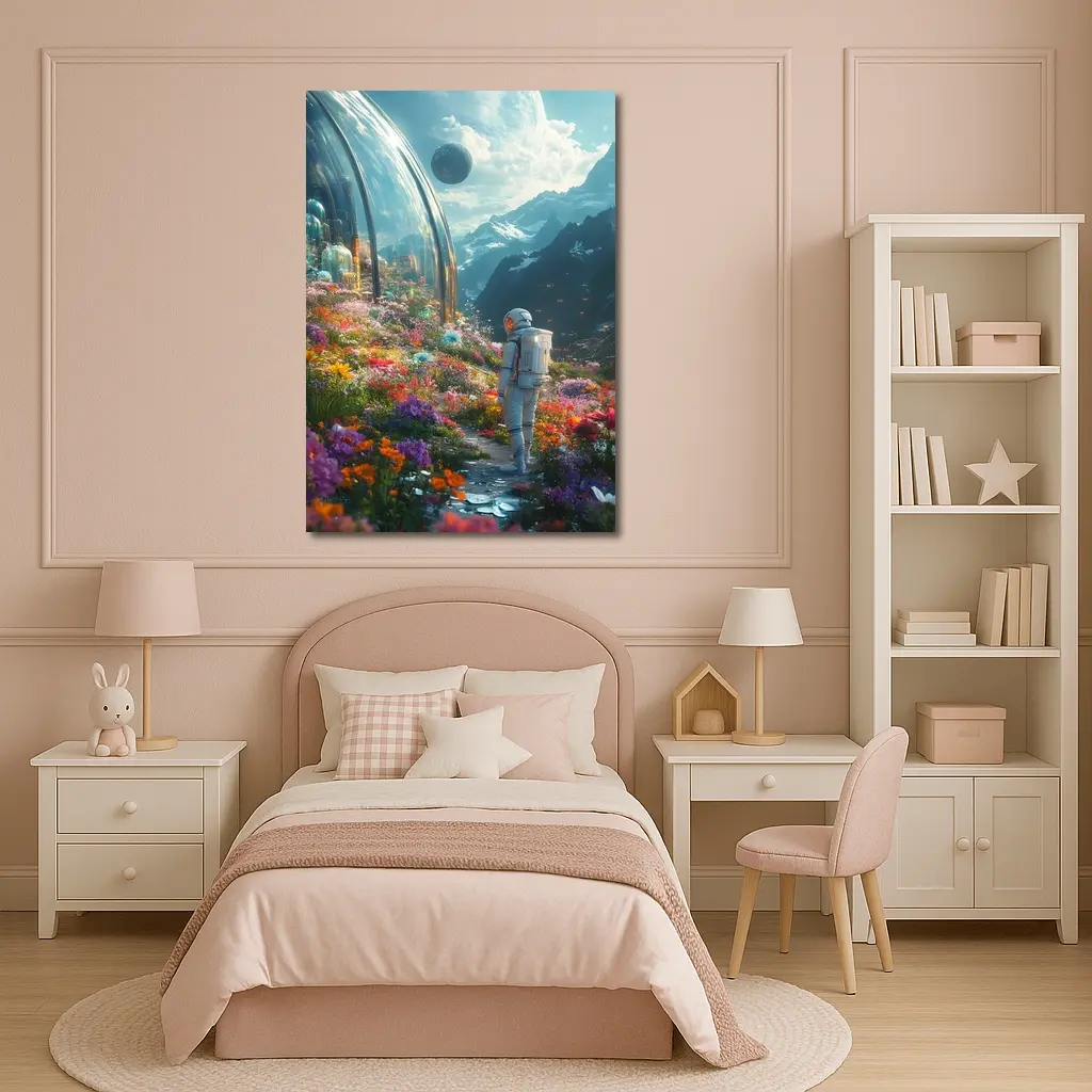 Astronaut Standing in Alien Flower Garden – Wall Art