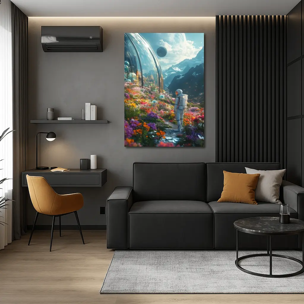 Astronaut Standing in Alien Flower Garden – Wall Art