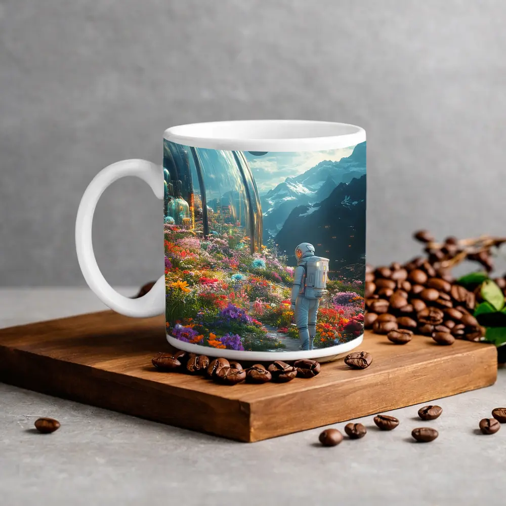 Astronaut Standing in Alien Flower Garden – Mugs