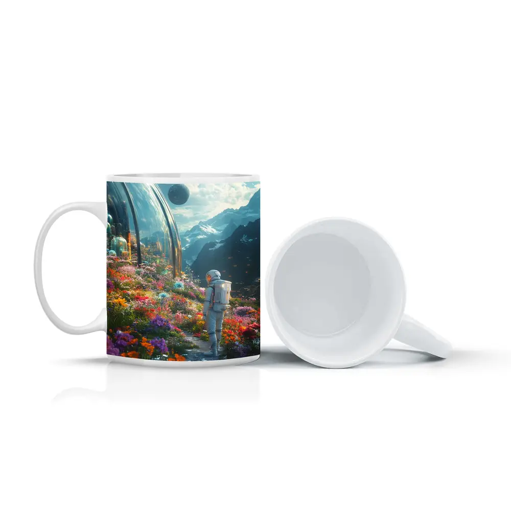 Astronaut Standing in Alien Flower Garden – Mugs