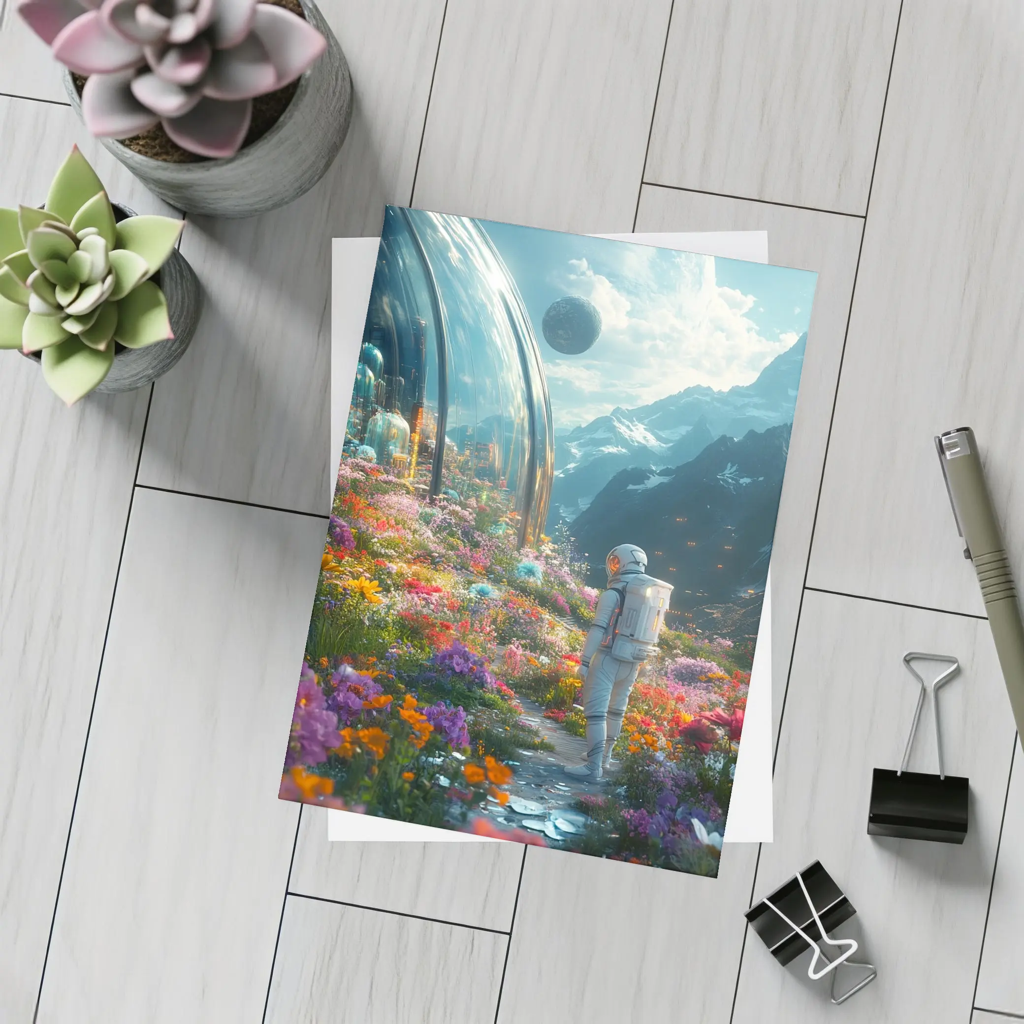 Astronaut Standing in Alien Flower Garden – Postcards
