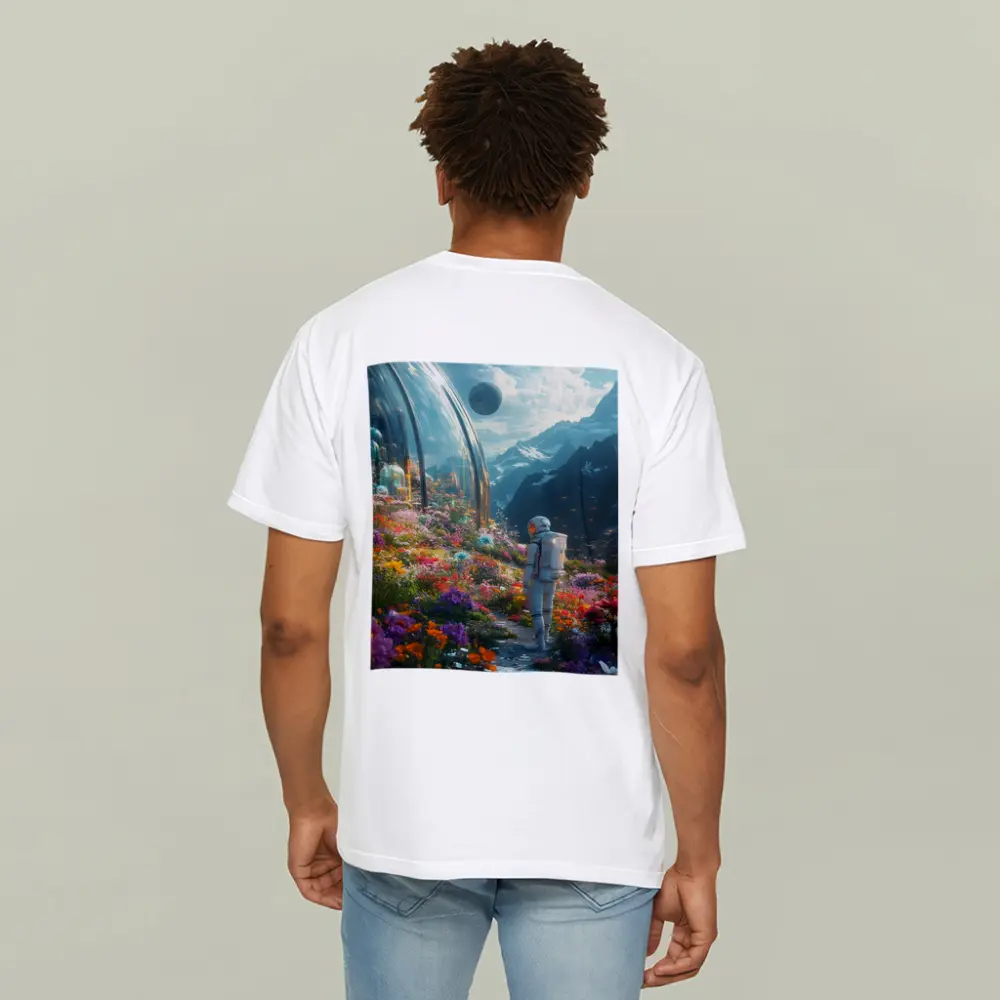 Astronaut Standing in Alien Flower Garden – T-Shirts