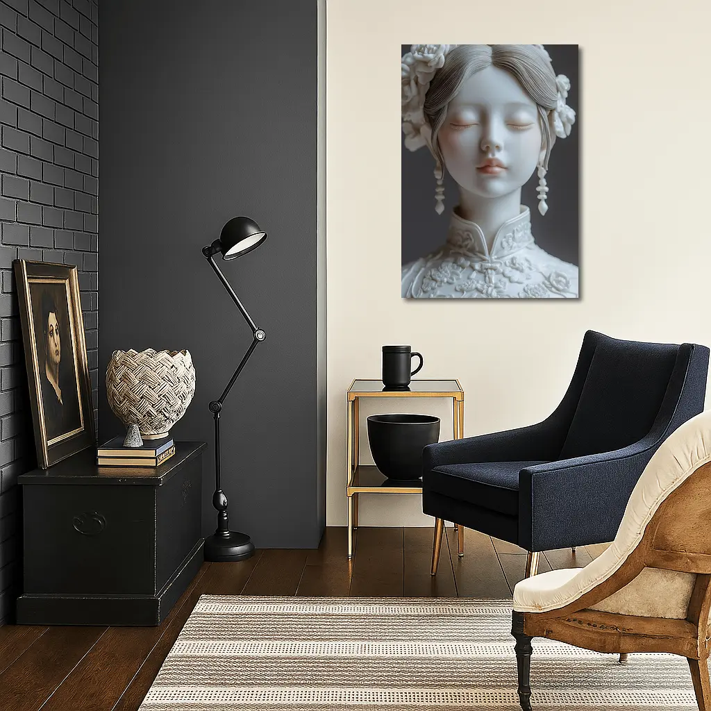 White Porcelain Woman Sculpture Floral Hair – Wall Art