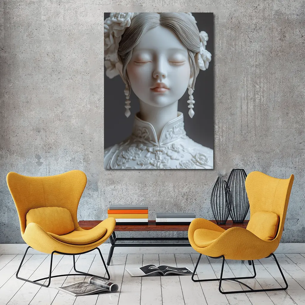 White Porcelain Woman Sculpture Floral Hair – Wall Art