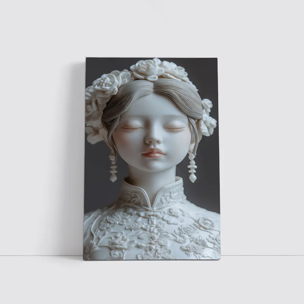 White Porcelain Woman Sculpture Floral Hair – Wall Art