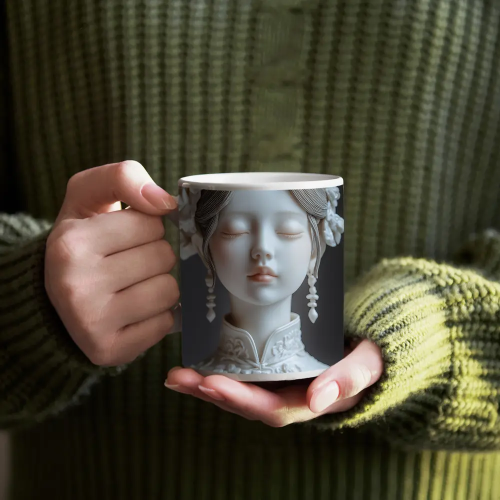 White Porcelain Woman Sculpture Floral Hair – Mugs