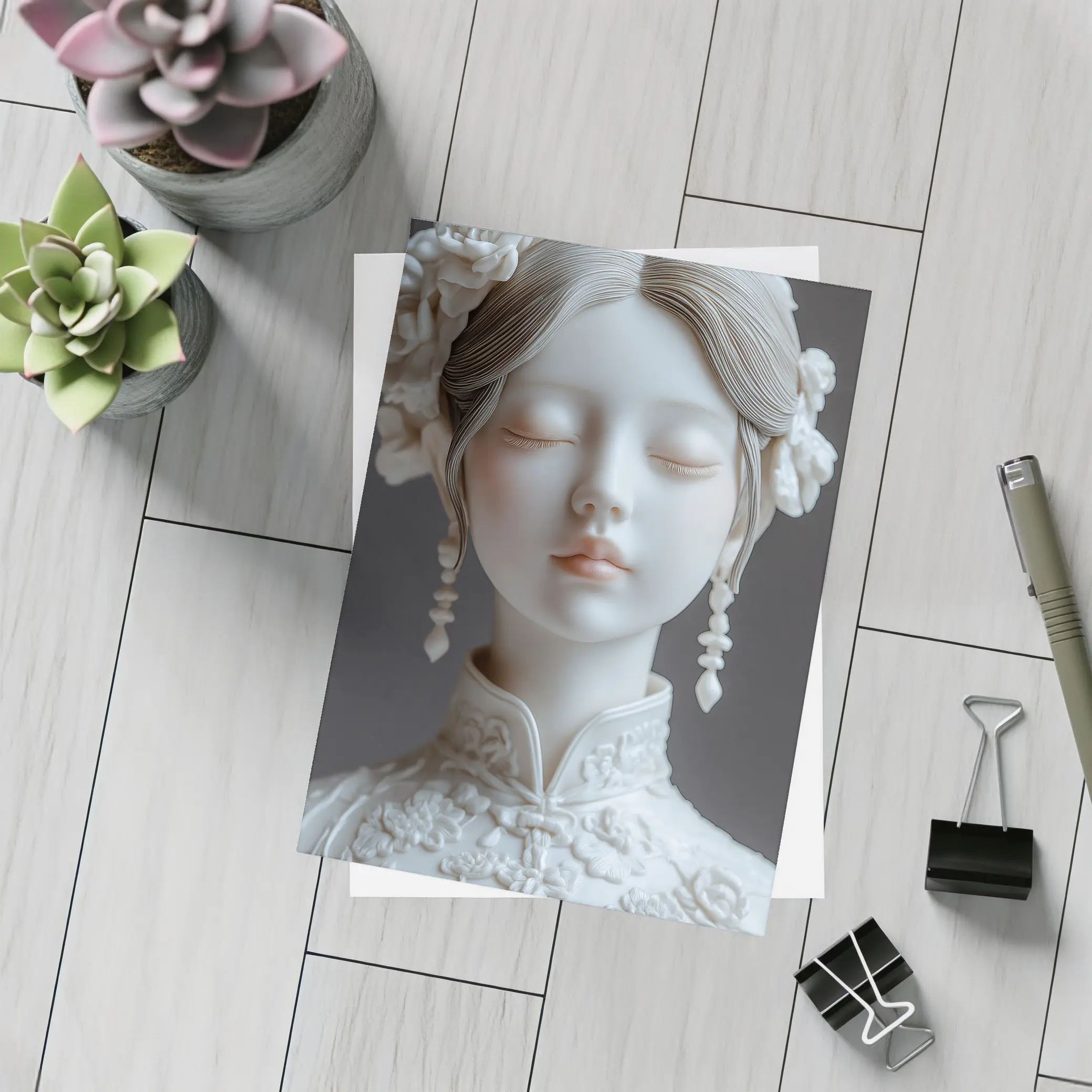 White Porcelain Woman Sculpture Floral Hair – Postcards