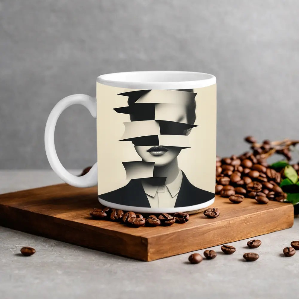 Black White Surreal Fragmented Woman Portrait Art – Mugs