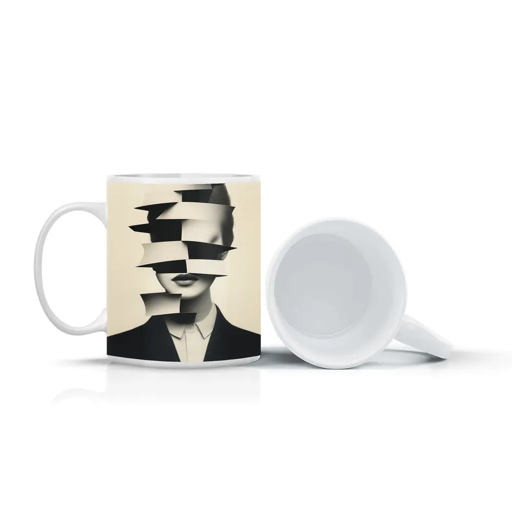 Black White Surreal Fragmented Woman Portrait Art – Mugs