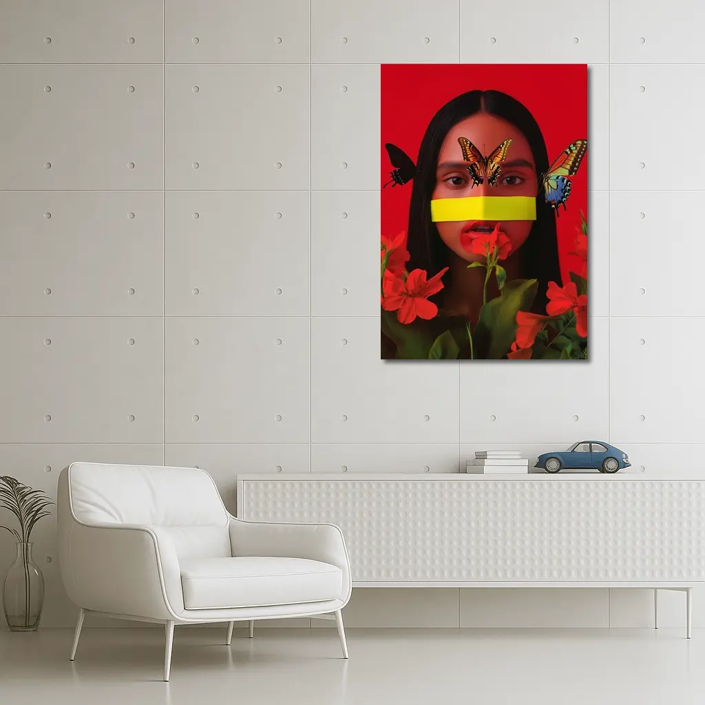 Woman Butterflies Red Flowers Bold Portrait – Wall Art