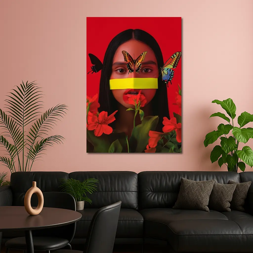 Woman Butterflies Red Flowers Bold Portrait – Wall Art