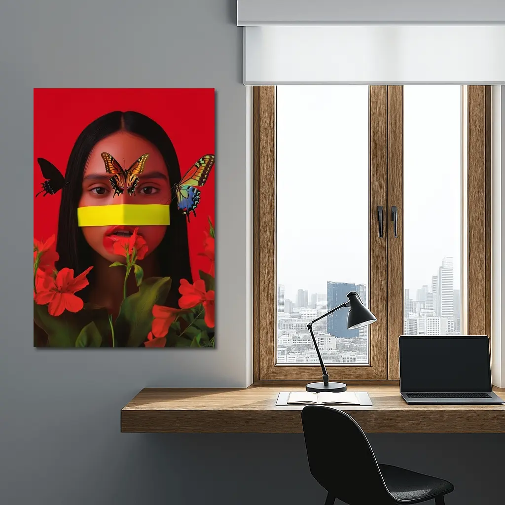 Woman Butterflies Red Flowers Bold Portrait – Wall Art