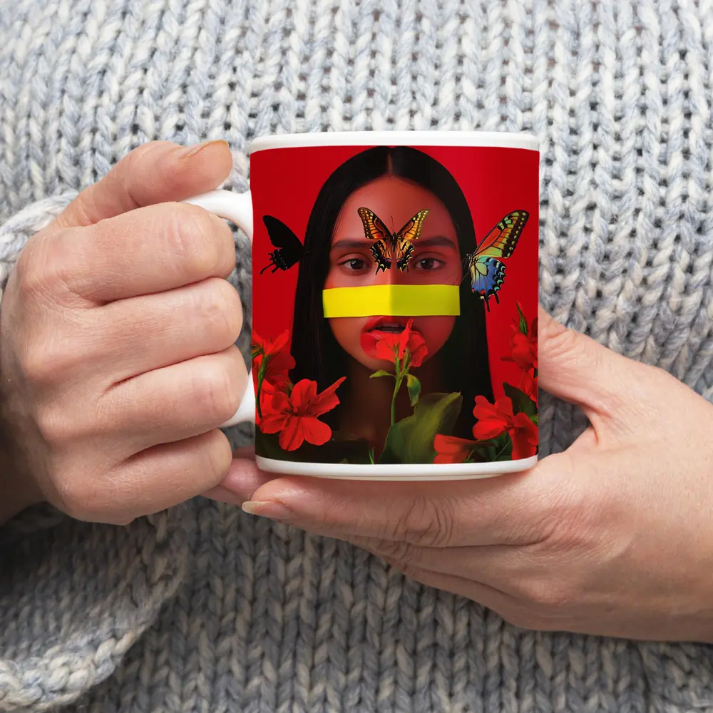 Woman Butterflies Red Flowers Bold Portrait – Mugs