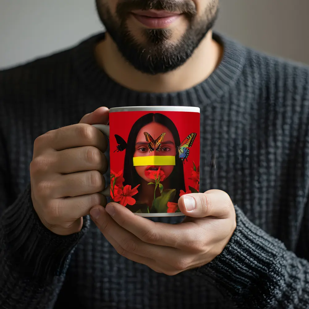 Woman Butterflies Red Flowers Bold Portrait – Mugs