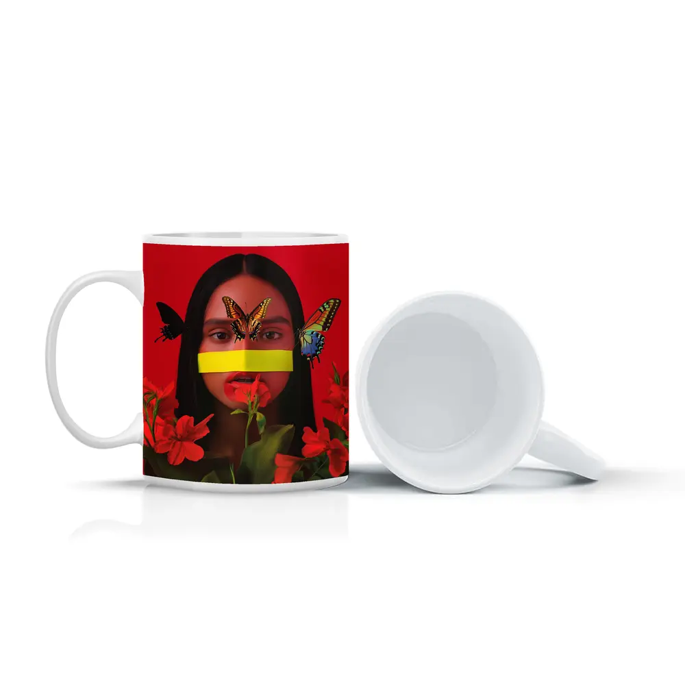 Woman Butterflies Red Flowers Bold Portrait – Mugs