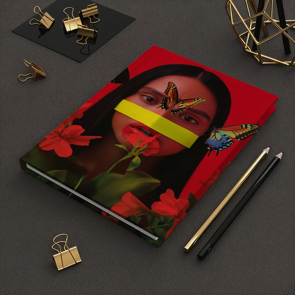 Woman Butterflies Red Flowers Bold Portrait – Notebooks